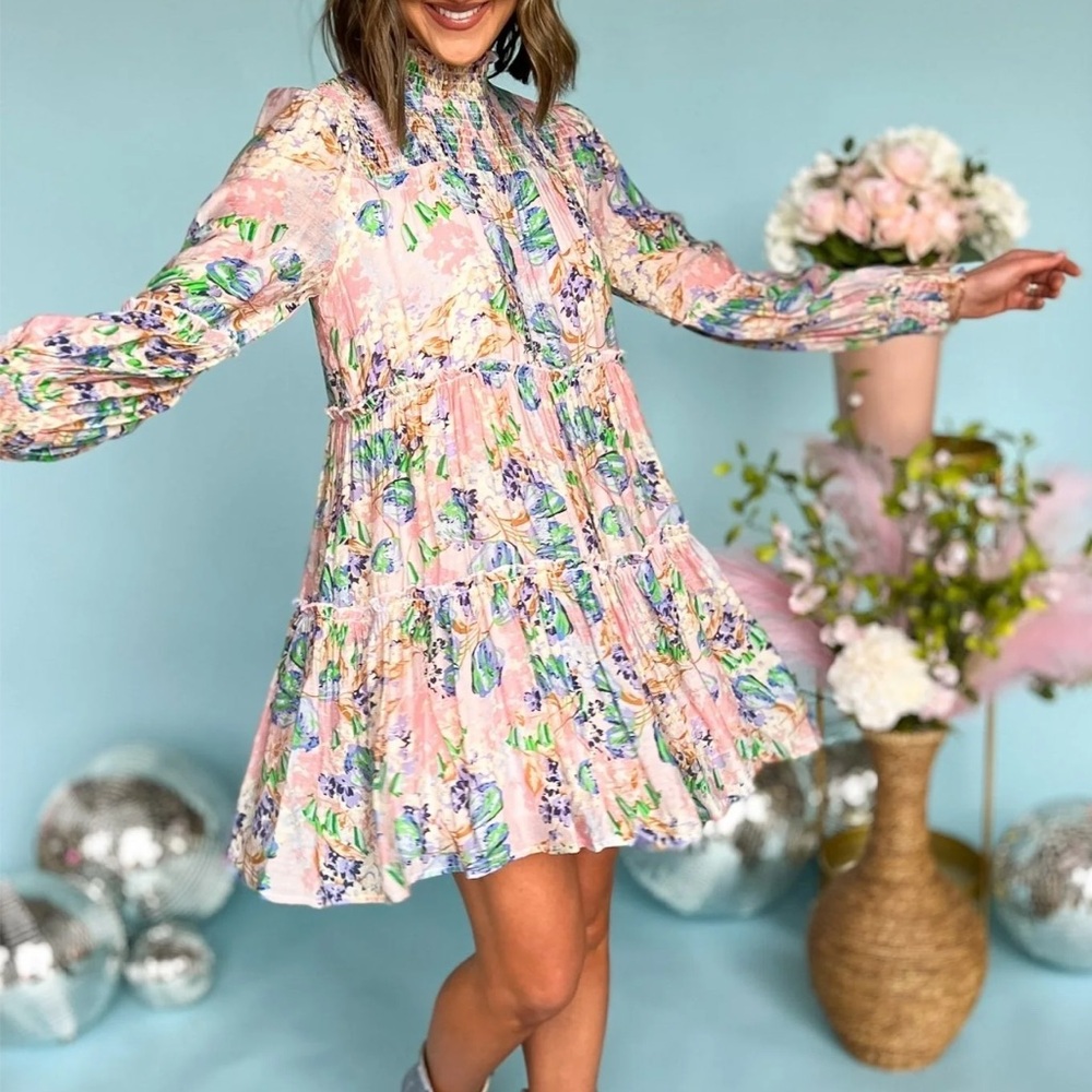 Floral Long Sleeve Mock Neck Mini Dress